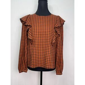 Madewell Burnt Orange & Black Plaid Ruffle Front Long Sleeve Top